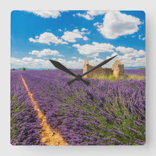Ruin in in Lavender Field, Frankreich Quadratische Wanduhr