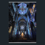 Ruined Cathedral Stained Glass Projection Glow Fotodruck<br><div class="desc">An abandoned gothic cathedral interior is dramatically illuminated by projected stained-glass light pouring from a massive rose window high above. Intense beams of sapphire blue, emerald green, ruby red, amethyst purple, and golden yellow cascade across crumbling arches, shattered stone, and the central altar, transforming decay into transcendent beauty. The interplay...</div>