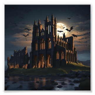 Ruinen der Whitby Abtei am Abend mit Fledermäusen Fotodruck