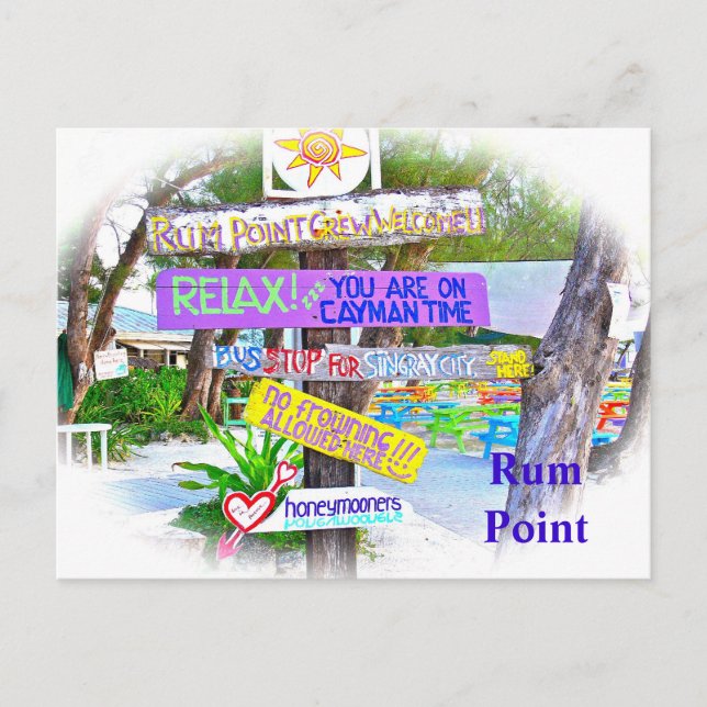 RUM POINT/GRAND CAYMAN/FARBFARBENE HOLZZEICHEN POSTKARTE (Vorderseite)