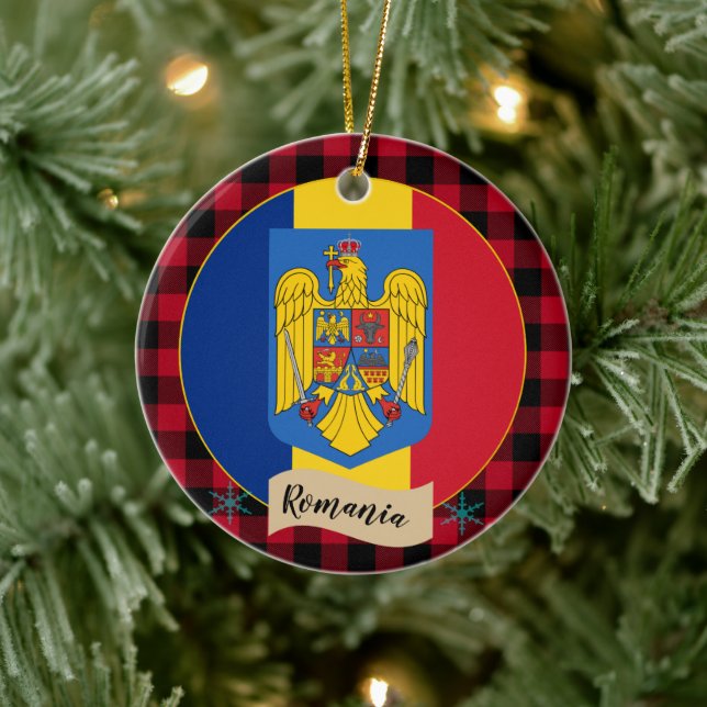Rumänien, Roter Büffel, karierte und rumänische Fl Keramik Ornament (Baum)
