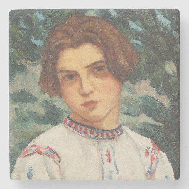 Rumänische Bauernfrau (von Stefan Dimitrescu) Steinuntersetzer (Vorderseite)