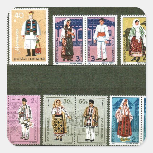 Rumänische Trachten auf Briefmarke Quadratischer Aufkleber (Vorderseite)