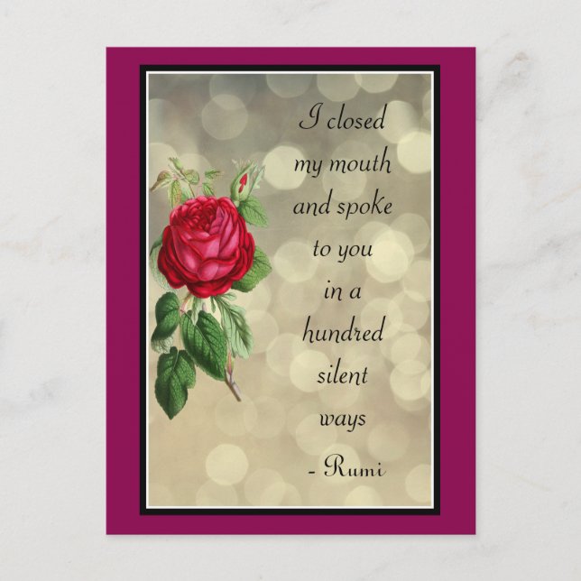 Rumi Quote Typografie mit Rose und Bokeh Design Postkarte (Vorderseite)