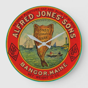 Rund 1900 Alfred Jones Sons Finnan Haddie-Label Große Wanduhr