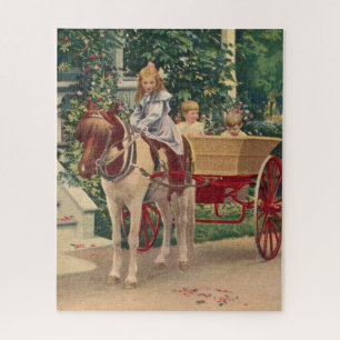 Rund 1910 Kinder und Pferd gezeichnet Wagen