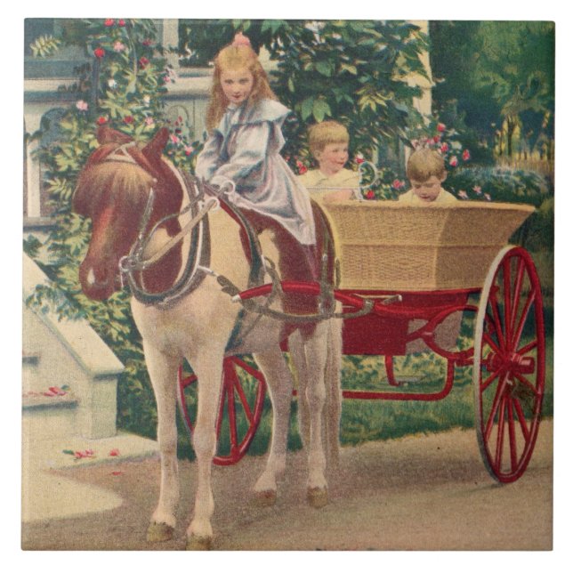 Rund 1910 Kinder und Pferd gezeichnet Wagen Fliese (Vorderseite)