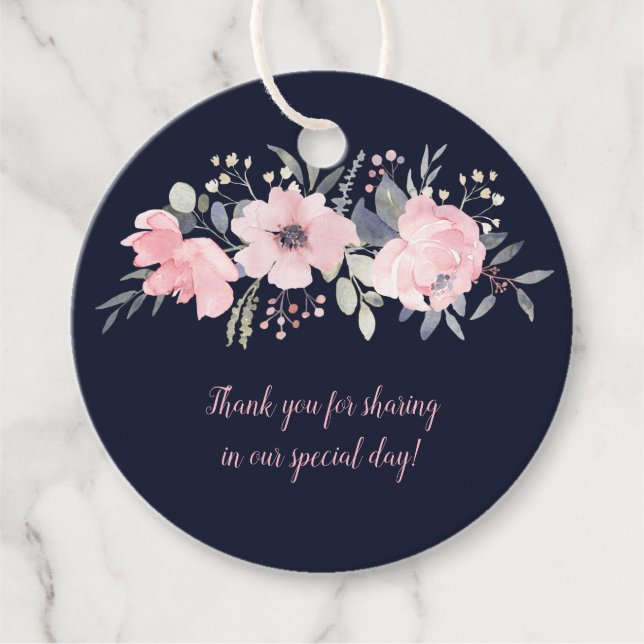 Rund blush Pink auf Navy Hochzeit | Geschenkanhänger (Vorderseite)