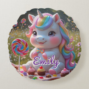 Rund Candy Unicorn Kissen - bestellbarer Name