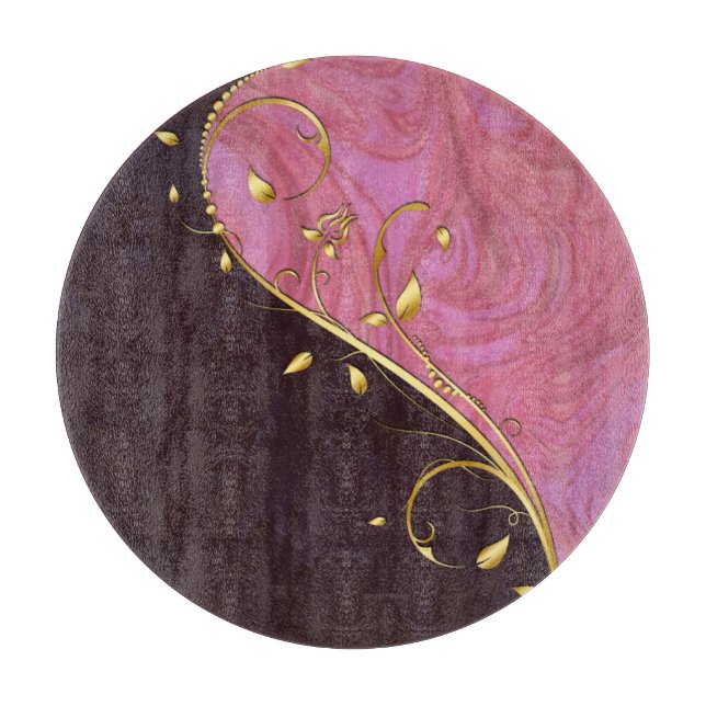 Rund-Gold-Leaf Blühe rosa Burgundy Swirl-Glas Schneidebrett (Vorderseite)