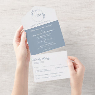 Rund Klassisch Dusty Blue Monogramm Hochzeit All In One Einladung