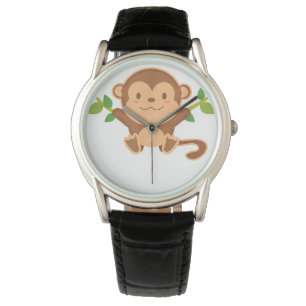Rund um den Fan des Affen auf schwarzem Leder Armbanduhr