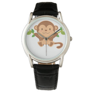 Rund um den Fan des Affen auf schwarzem Leder Armbanduhr