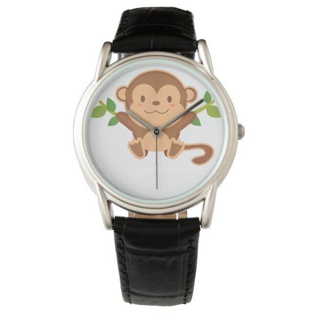 Rund um den Fan des Affen auf schwarzem Leder Armbanduhr (Vorderseite)