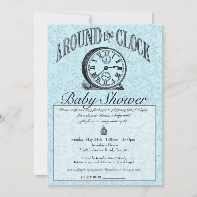 Rund um die Uhr Baby-Dusche Einladung - Blau (Vorderseite)
