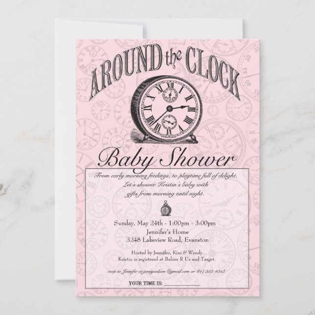 Rund um die Uhr Babyparty-Einladung - Rosa Einladung (Vorderseite)