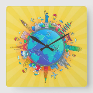 Rund um die Welt Quadratische Wanduhr