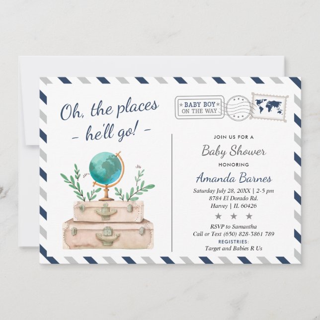 Rund um die World Travel Adventure Baby Shower Einladung (Vorderseite)