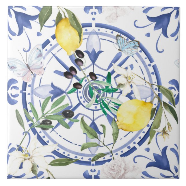 Rund,verziert,spanisch,mediterran,Zitrone, Fliese (Vorderseite)