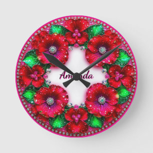 Rundblumenkranz mit roten und grünen Juwelen Runde Wanduhr