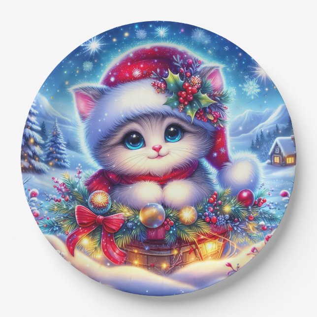 Runde 9" Weihnachts-Niedlich-Kitten-Papierplatte Pappteller (Vorderseite)