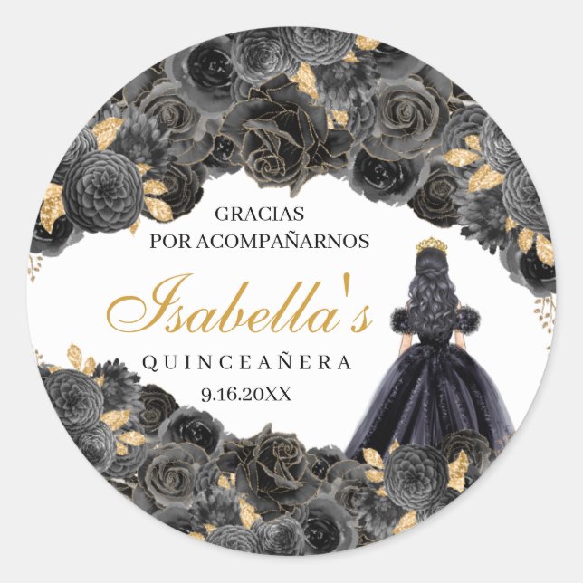 Runde Aufkleber für Schwarz und Gold-Floral-Quince (Vorderseite)