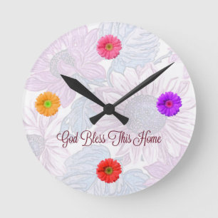 Runde Blumenuhr mit "Gott segnen dieses Zuhause-" Wanduhr