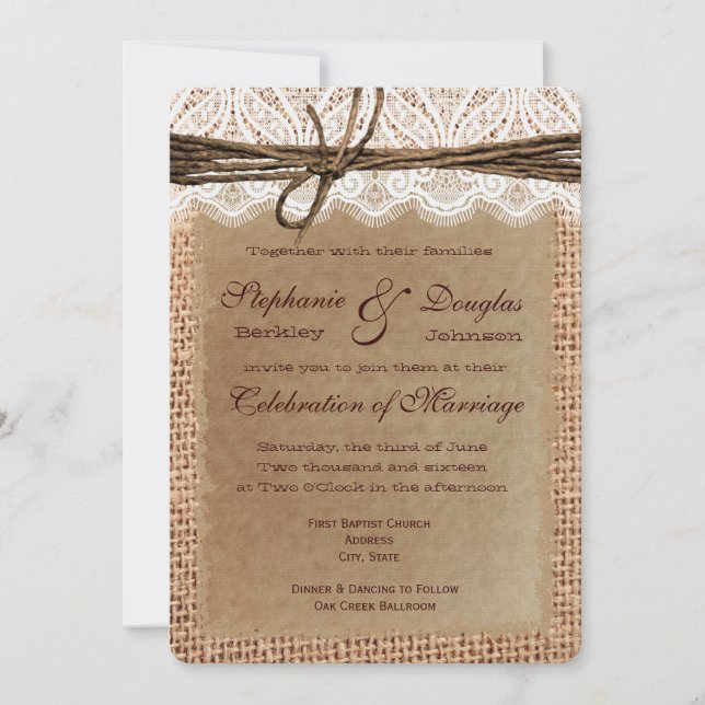 Runde Ecken Burlap Print Wedding Einladungen (Vorderseite)