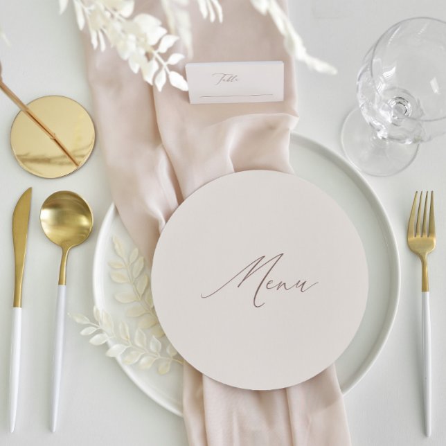 Runde Elegante Moderne Elfenbeinkalligrafie Hochze Menükarte (Round Elegant Modern Ivory Calligraphy Wedding Menu)
