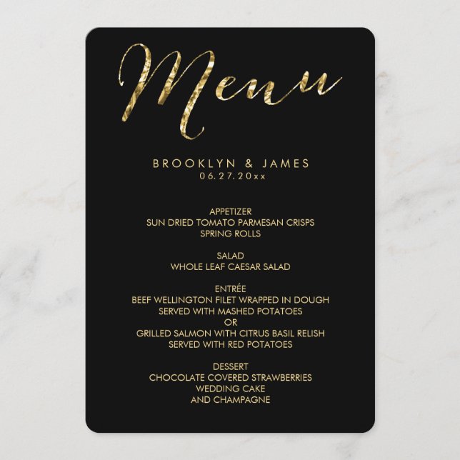 Runde elegante Schwarze Hochzeitsmenü mit Goldenen Menükarte (Vorderseite)