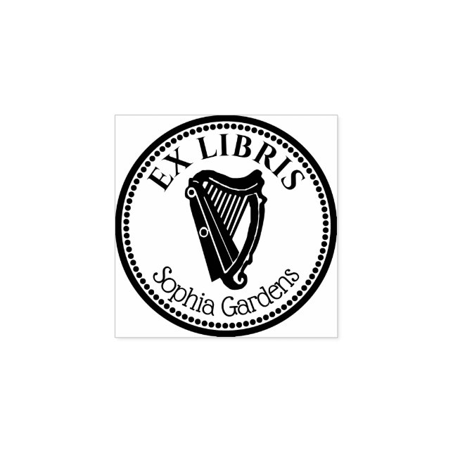 Runde Ex Libris - Harfe Gummistempel (Prägung)