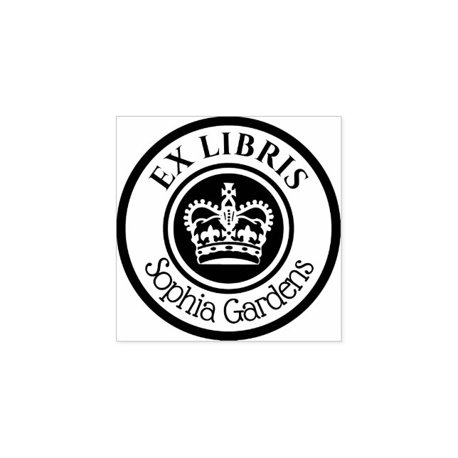 Runde Ex Libris Krone (weiß auf schwarz) Gummistempel (Prägung)