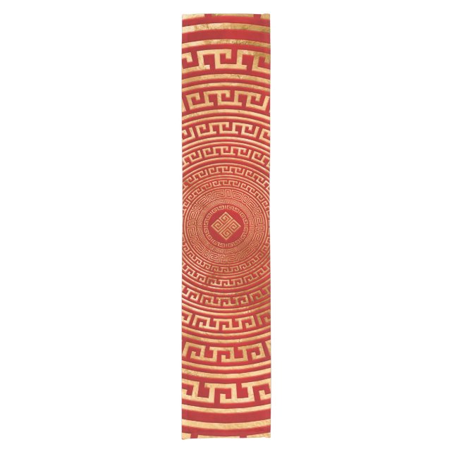 Runde griechische Ornamente - Gold auf Rot Kurzer Tischläufer (Vorderseite)