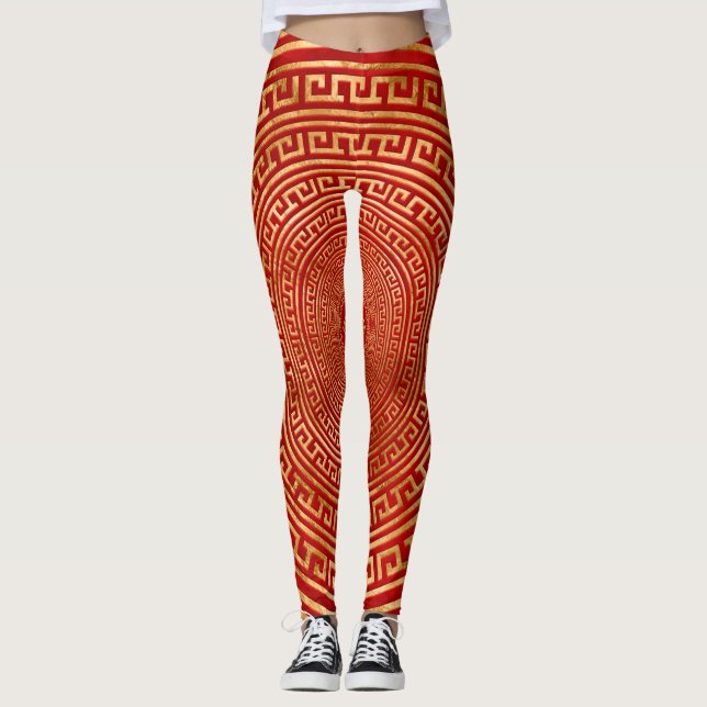 Runde griechische Ornamente - Gold auf Rot Leggings (Vorderseite)