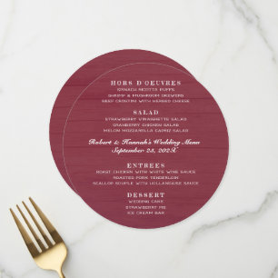 Runde Hochzeitmenü Burgundy Wood Vier Sektionen Menükarte
