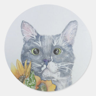 Runde Katze mit Sonnenblumenaufkleber Runder Aufkleber