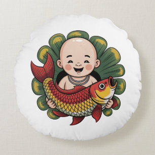 Runde Kissen Niedlicher Junge mit Lucky Koi