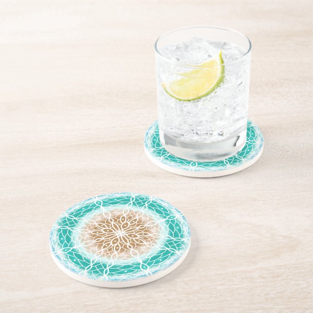 Runde Meereswellen Aquamarin und Türkis Mandala Getränkeuntersetzer (Seite)