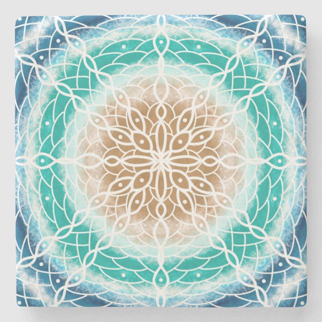 Runde Meereswellen Aquamarin und Türkis Mandala Steinuntersetzer (Vorderseite)