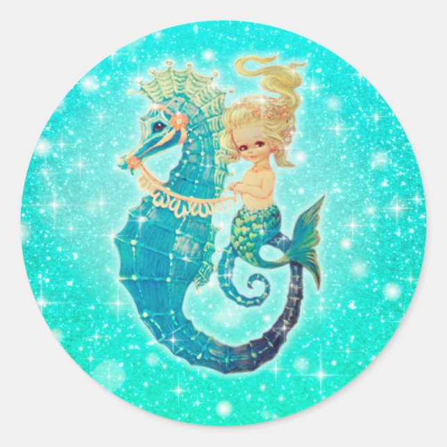 Runde Mermaid Seepferd Aqua Stickers (Vorderseite)