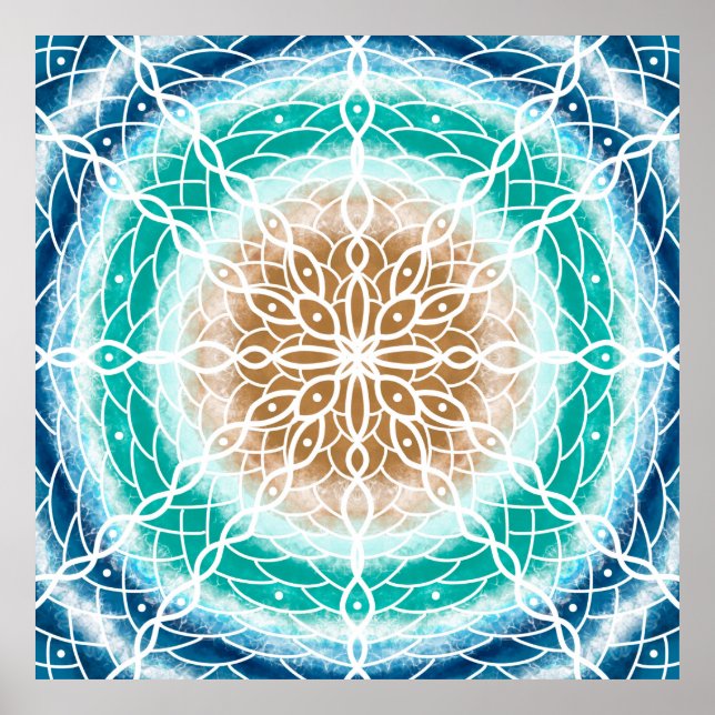 Runde Ozeanwellen Mandala Aquamarin und türkis Poster (Vorne)