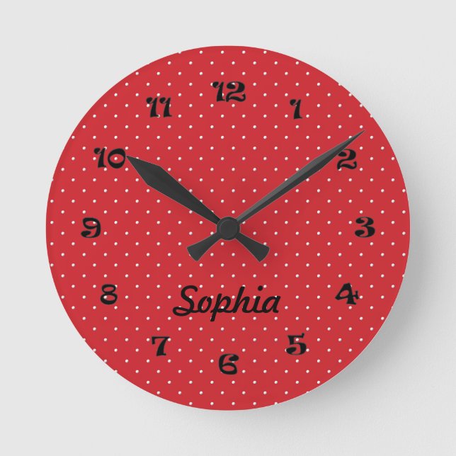 Runde rote und weiße Polka Dot Clock Wanduhr (Vorderseite)