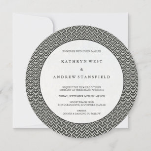 Runde Schwarz + Weiß Art Deco Wave Muster Hochzeit Einladung