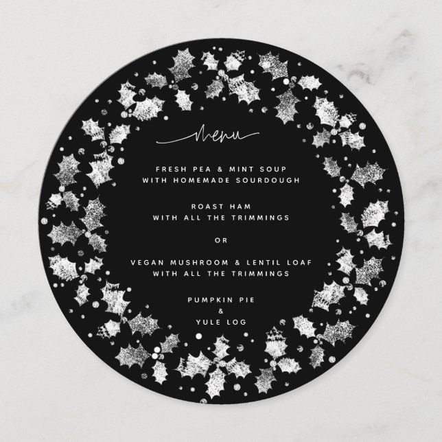 Runde schwarze Hand druckte Holly Wreath Weihnacht Menükarte (Vorderseite)