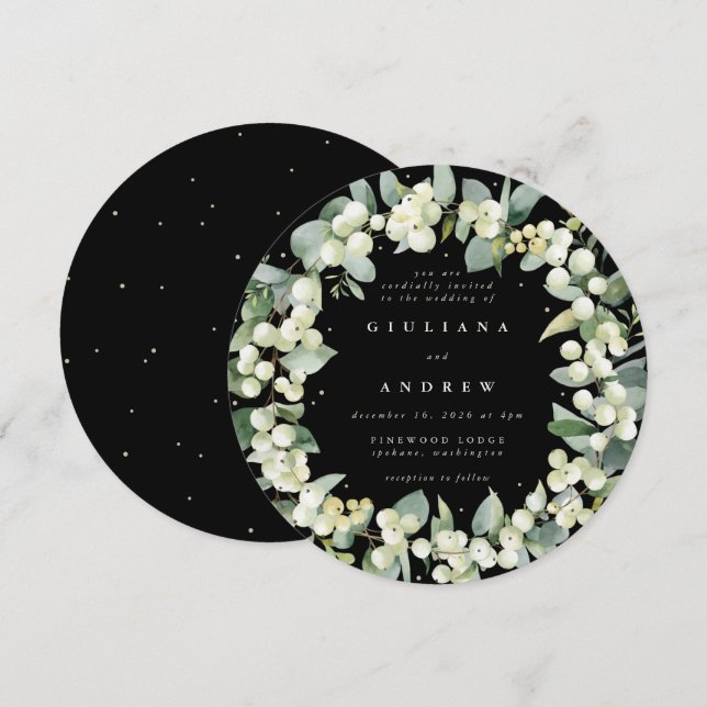 Runde Schwarze Snowberry+Eukalyptus Wreath Wedding Einladung (Vorne/Hinten)