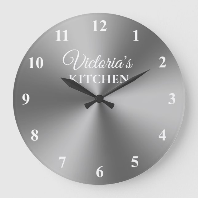 Runde silbermetalische Küchenmauer Große Wanduhr (Vorderseite)