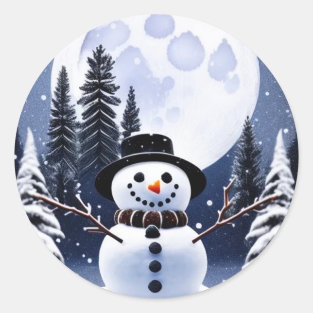 Runde Snowmannsticker unter dem Mond Runder Aufkleber (Vorderseite)