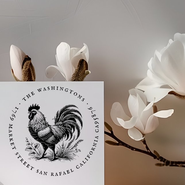 Runde Vintage Rooster-Rücksendeadresse Gummistempel (Von Creator hochgeladen)