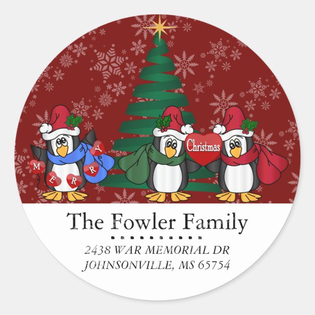 Runde Weihnachtspinguine adressieren Labels Runder Aufkleber (Vorderseite)