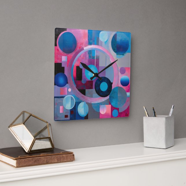 Runden & Quadrate in weichen Tönen Rosa & Blau Quadratische Wanduhr (Büro)